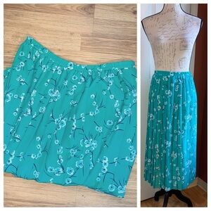 Vintage Volup Cherry Blossom Floral Pleated Maxi Skirt Teal sz 16 Leslie Fay